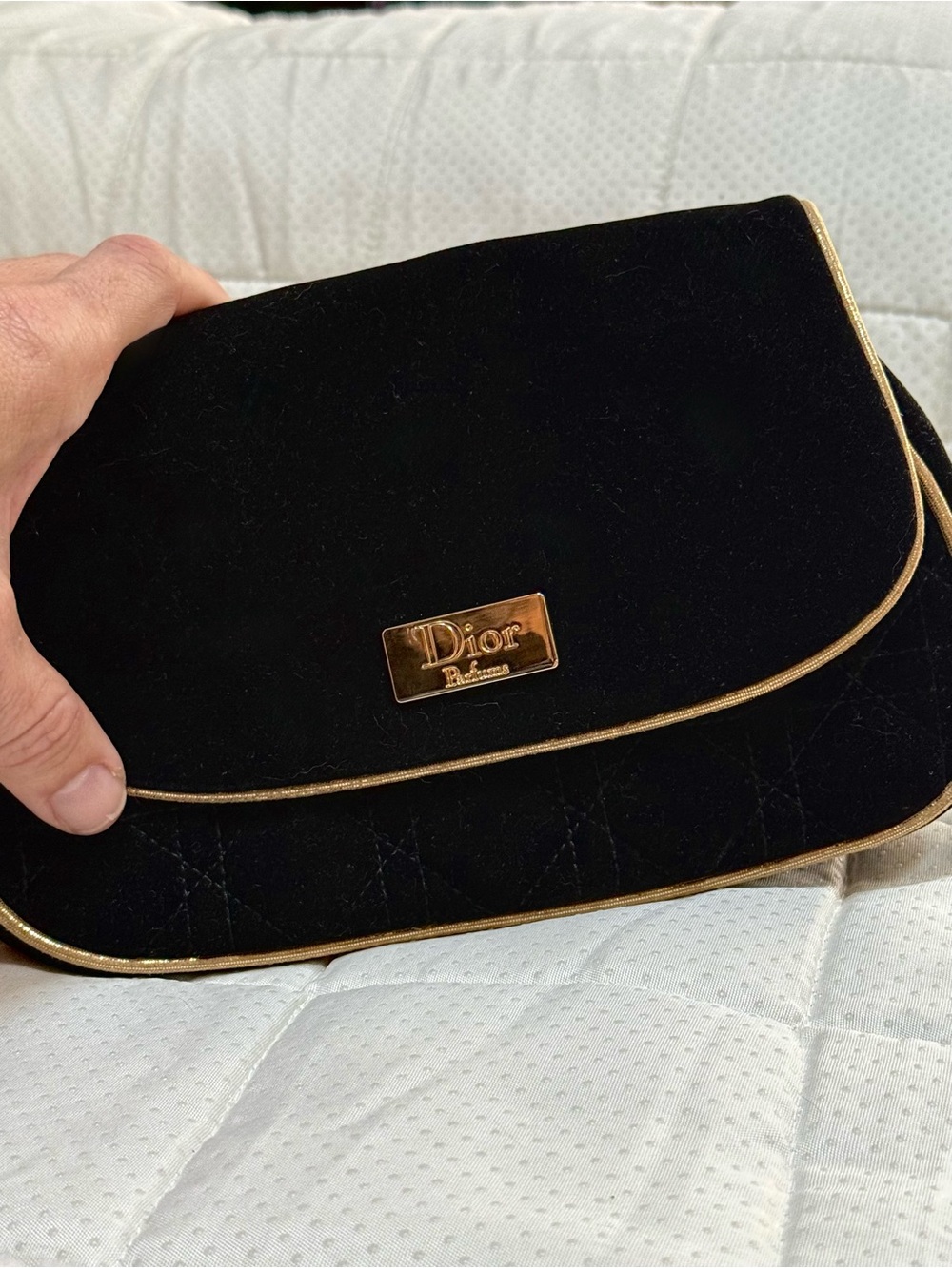 Authentic Dior Parfumes -black velvet quilted clutch w/ metallic gold pipe trim